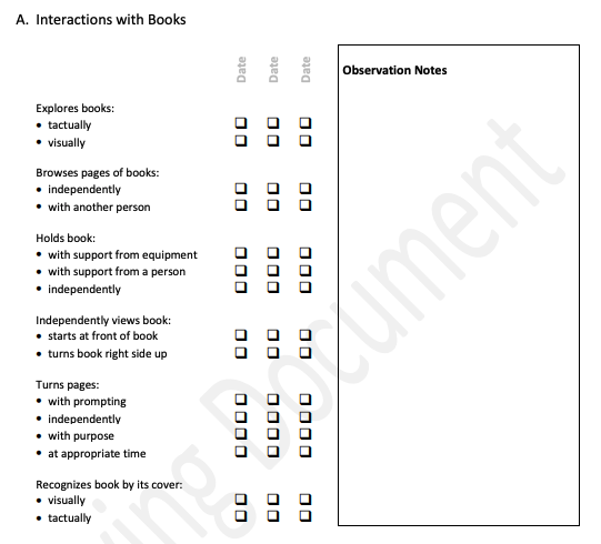 Interactions with Books title. First column is a list of interaction behaviors each followed by a small sets of bulleted descriptions. Each of the bullets in the six sets of behaviors is followed by three checkboxes which line up with the spaces for dates at the top of each column. A large rectangle with the title Observation Notes takes up the right side of the page. 