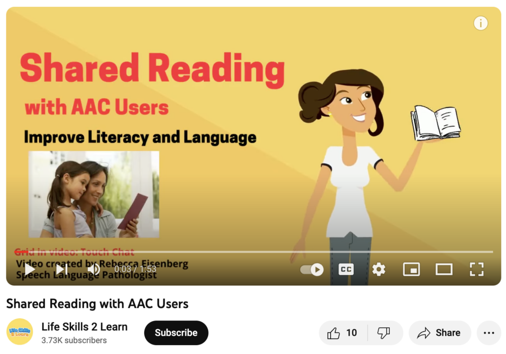 Shared Reading withAAC Users Improve Literacy and Language title , Mother and girl looking at a book in photo. Cartoon girl holding up a book