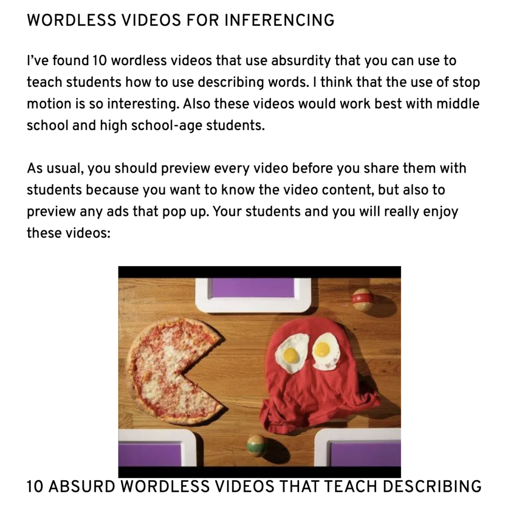 Clay shaped as a pizza with a slice cut out like a mouth and a towel with eggs that look like eyes titled Wordless Videos for Inferencing with a paragraph of text introduction.