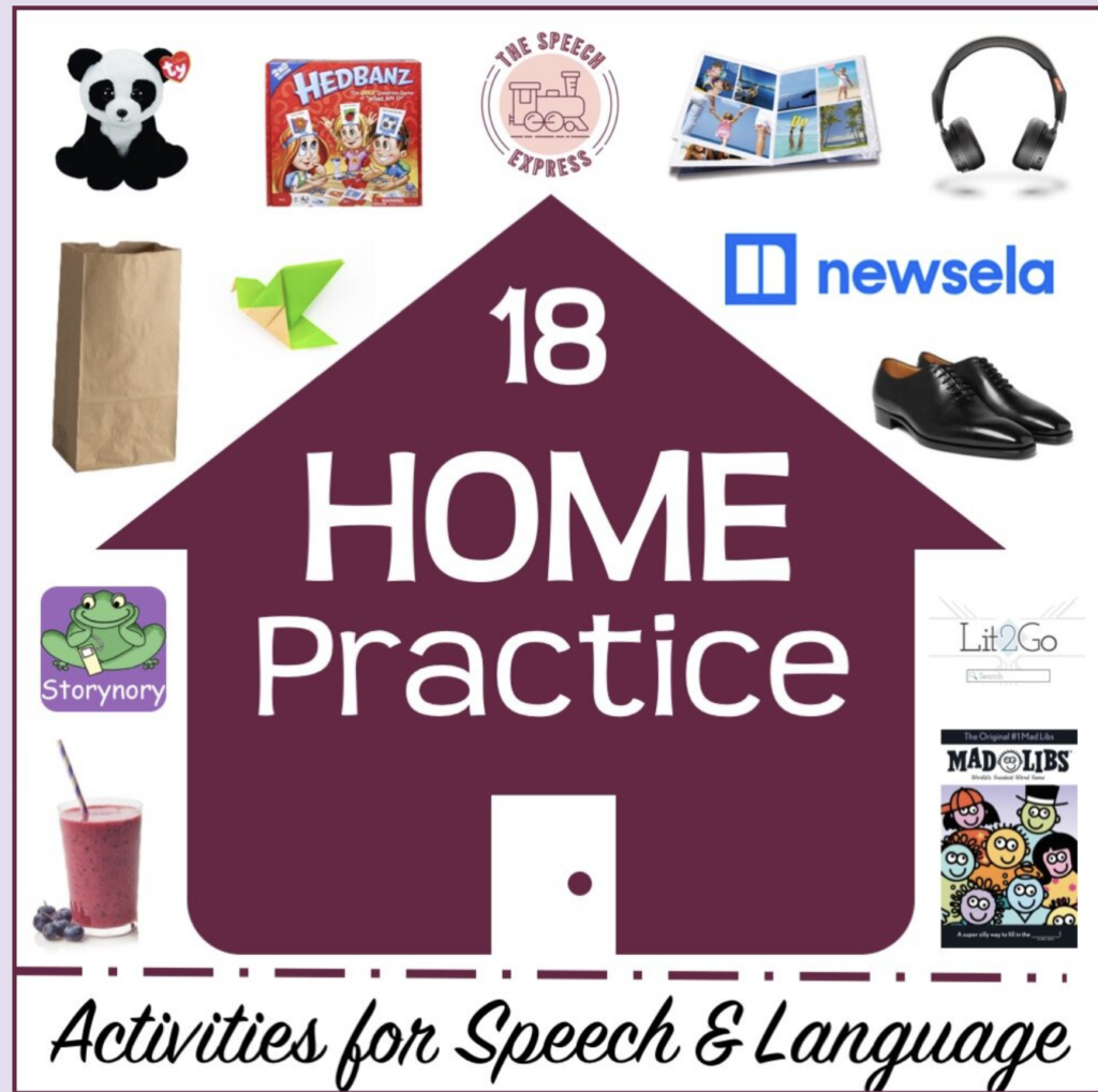 18 Home Practice Activities for Speech and Language title with a large image of a house and different objects pictured around it.