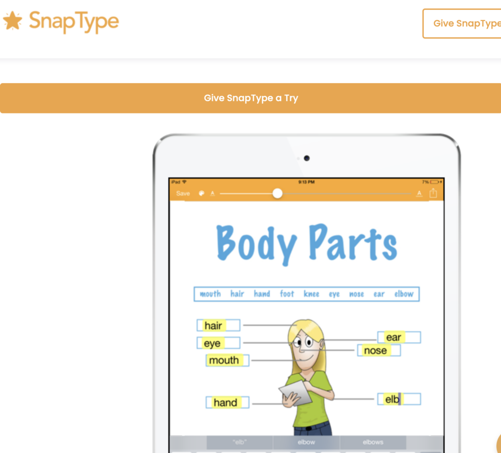 Snap Type logo with an iPad image showing a Body Parts app. A line drawing of a woman with text label fields filled in with body parts. A body parts word bank.