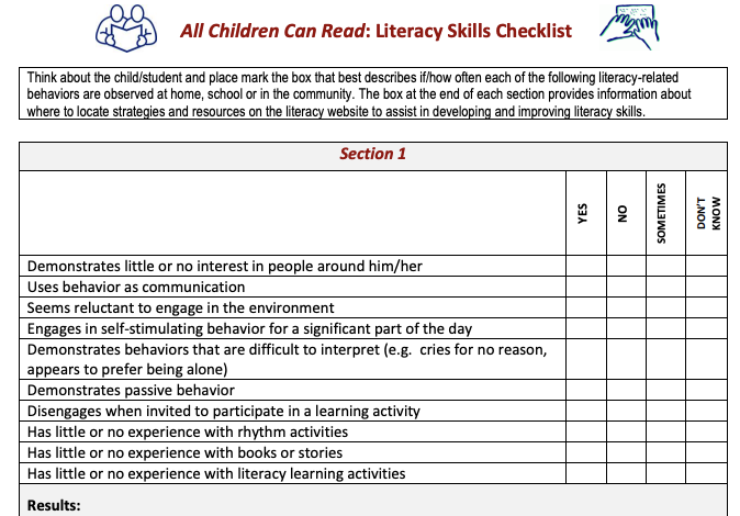 All Children Can Read: Literacy Skills Checklist title. Introduction then landscape oriented chart with 10 rows and 5 columns. The first column has short description phrases, followed by spaces to select the column for yes, no, sometimes, or don't know.