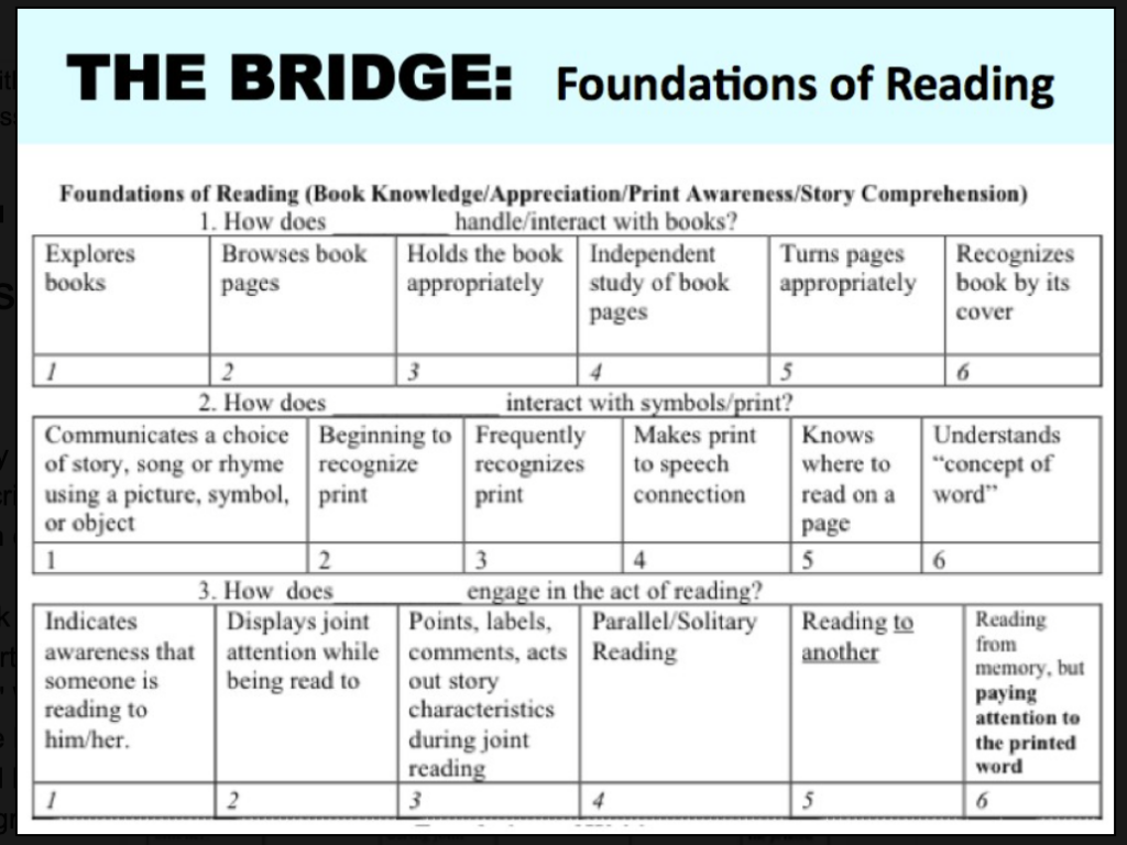 The Bridge: Foundations of Reading title at the top of the page of a landscape oriented set of charts. Each chart starts with a fill-in sentence, then the row below gives a short description in each column. The row below that shows the number value for that box. There are three sets of these fill-in response charts on the page. 