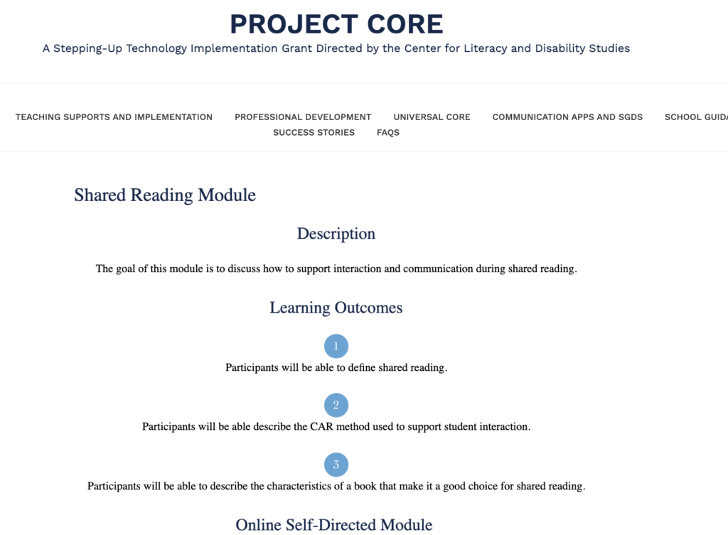 Project Core title with spaced out text subtitles of Shared Reading Module, Description, Learning Outcomes, and Online Self Directed Module