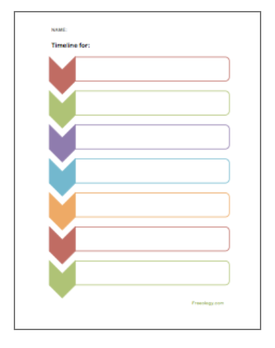 Graphic organizer of a timeline. Seven long colored boxes stacked vertically with a large colored arrow icon pointing down ialong the left side of the boxes.