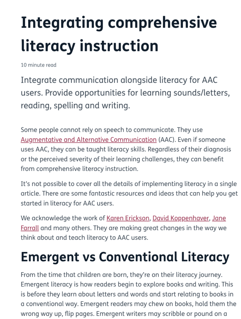 The blog title is at the top followed by four short paragraphs of text with some words showing hyperlinks. Near the end the subtitle Emergent vs Conventional Literacy is in bold and followed by a short paragraph.