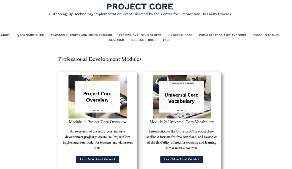 Project Core is in caps and bold at the top. A menus is shown horizontally below that. The subtitle Professional Development Modules is written above two adjacent boxes. Both include a title, short amount of text, and an action button.