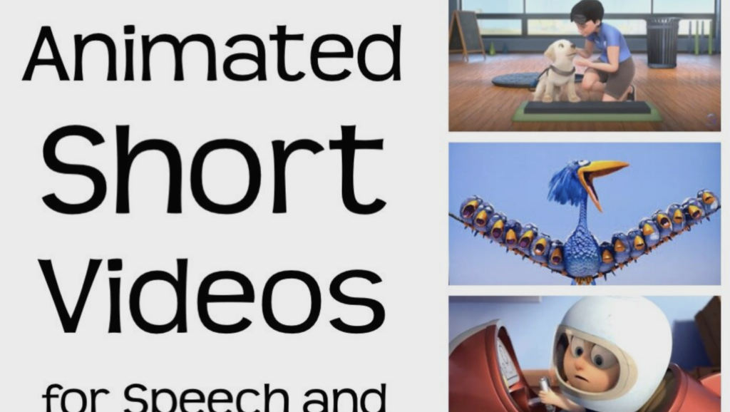 Animated Short Videos for Speech title with three cartoon images on the right side - a boy kneeling with a dog, a large bird with other birds perched on its wings, and a little boy as an astronaut.