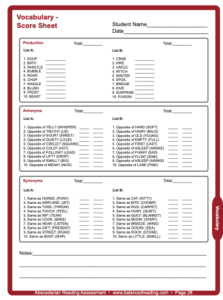 Vocabulary Score Sheet titled vertical orientation page of three charts. Each chart has a title and 2 columns of lists of words or phrases followed by one or two lines for a short response or mark. There is a space for notes at the bottom.