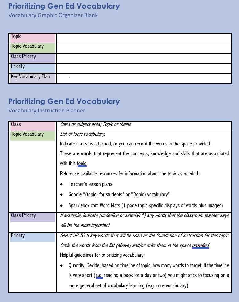 Chart with 5 rows and two columns. Small version of the chart followed by full size version, First column is labeled and has different color boxes. The second column has text for content example.