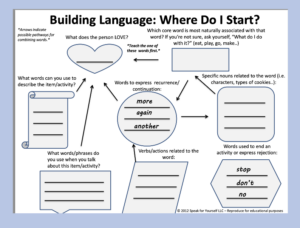 graphic organizer with different shapes connected to each other with arrows. Lines in each shape for text, two location show 3 vocabulary words already entered.