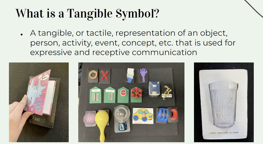 Slide with title What is a Tangible Symbol, one bullet of text with 3 photos underneath. First box shows hand turning a page, a set of dimensional symbols, and cup mounted on flat card.