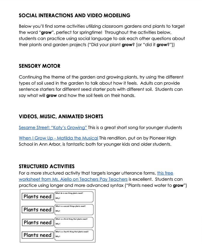 Handout with short sections of text and bold headings; hyperlinks visible within text; and a science lesson chart about plants show example of activities 