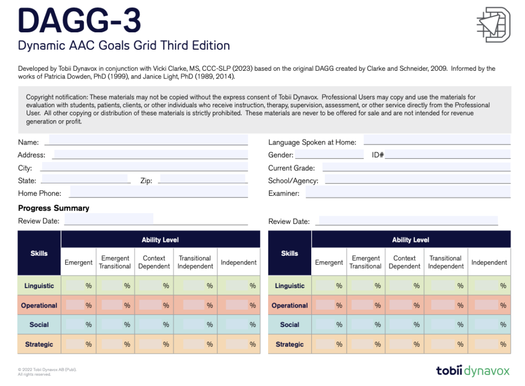 Test form with space for user information at the top and a color-banded chart with skills down the left and ability across the top.