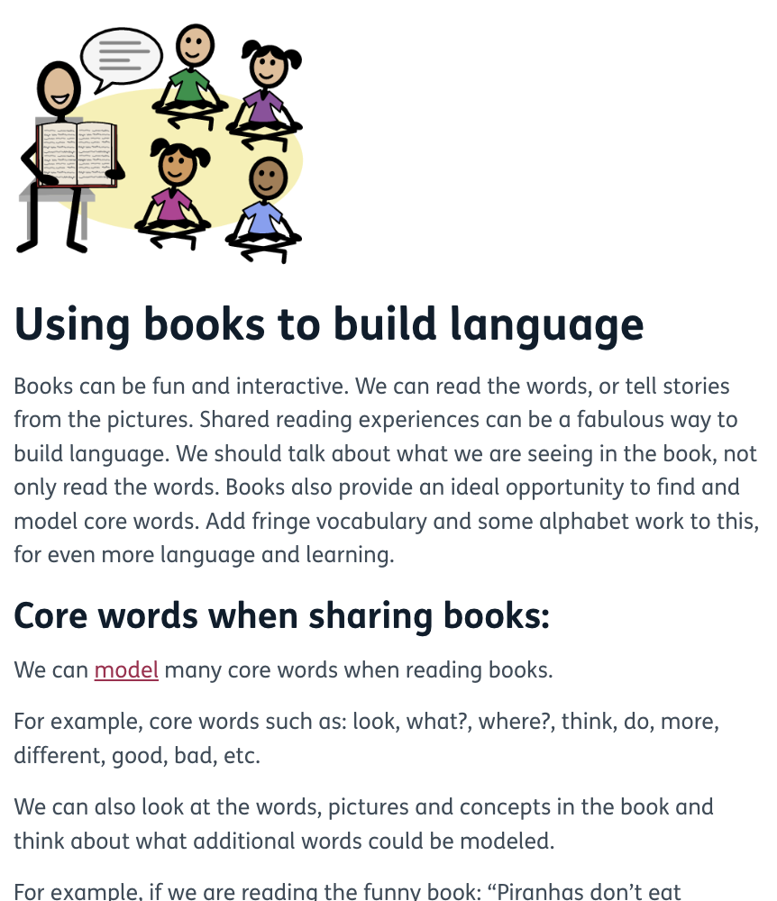 Cartoon graphic of teacher reading to children. Bold title says Using books to build language, followed by text paragraph and core words subtitle 