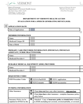 Form with multiple fields of questions and blank space or check boxfor answers. State of Vermont emblem and contact information at the top.