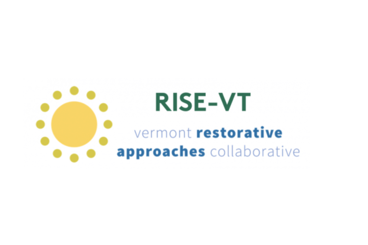 Stylized sun logo (big yellow circle surrounded by small yellow dots). Text: RISE-VT: Vermont Restorative Approaches Collaborative