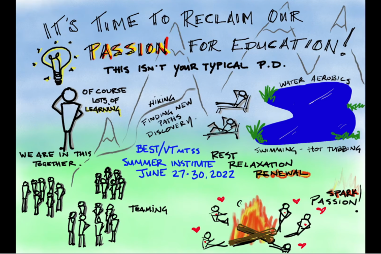 A hand-drawn vista of summer camp, with mountains, a campfire, team groups, and a lake. text: It's Time to Reclaim Our Passion for Education. BEST Summer Institute 2022.