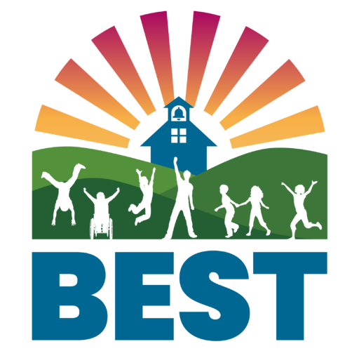 BEST Logo: Small school house surrounded by red and orange sun rays above green rolling hills with silhouettes of playing children.