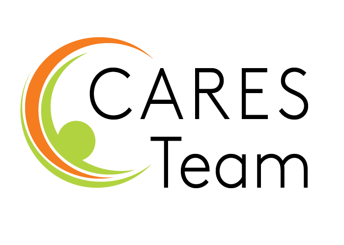 Stylized green figure inside two orange and green lines next to the words "CARES Team" in bold, black text.