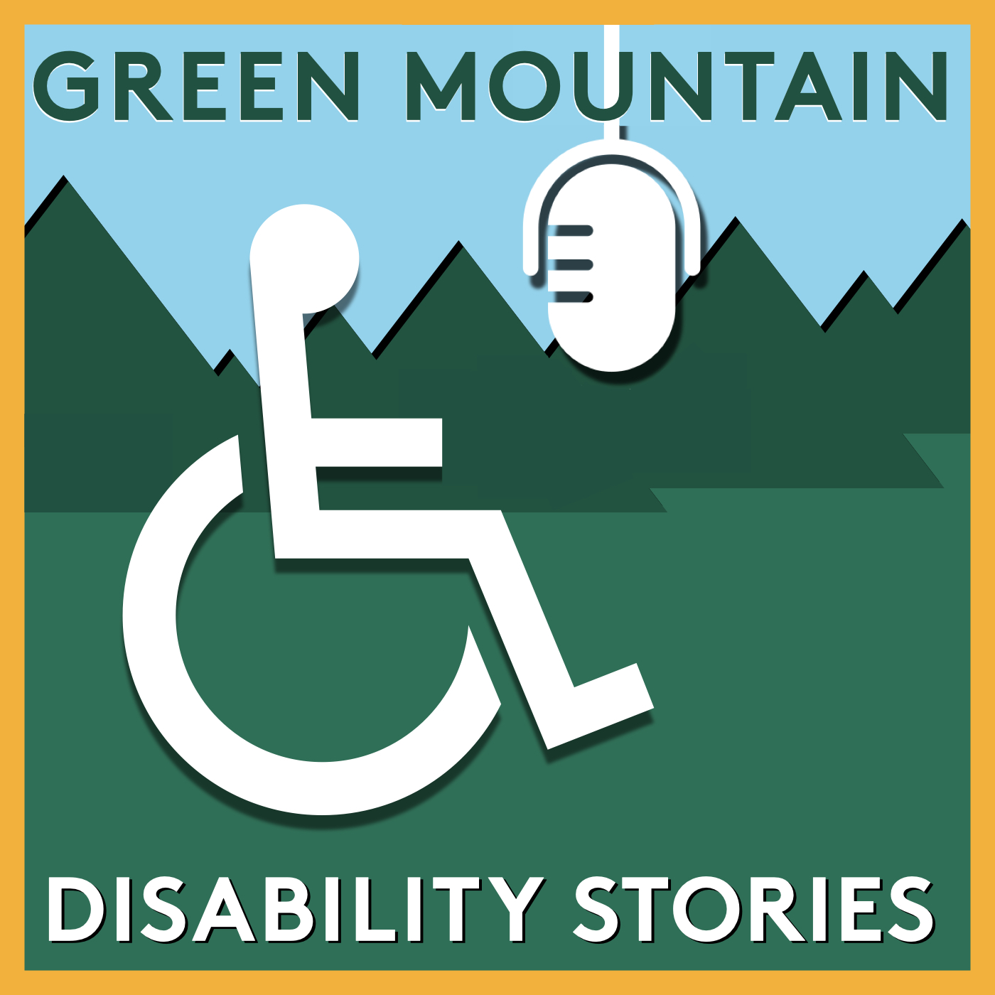 international icon for access, in front of a microphone, and a line of green mountains