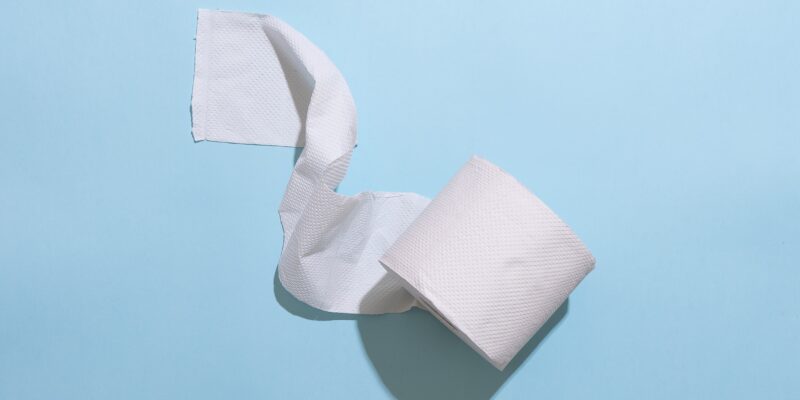 A solitary toilet roll, paper unspooling on a pale blue background