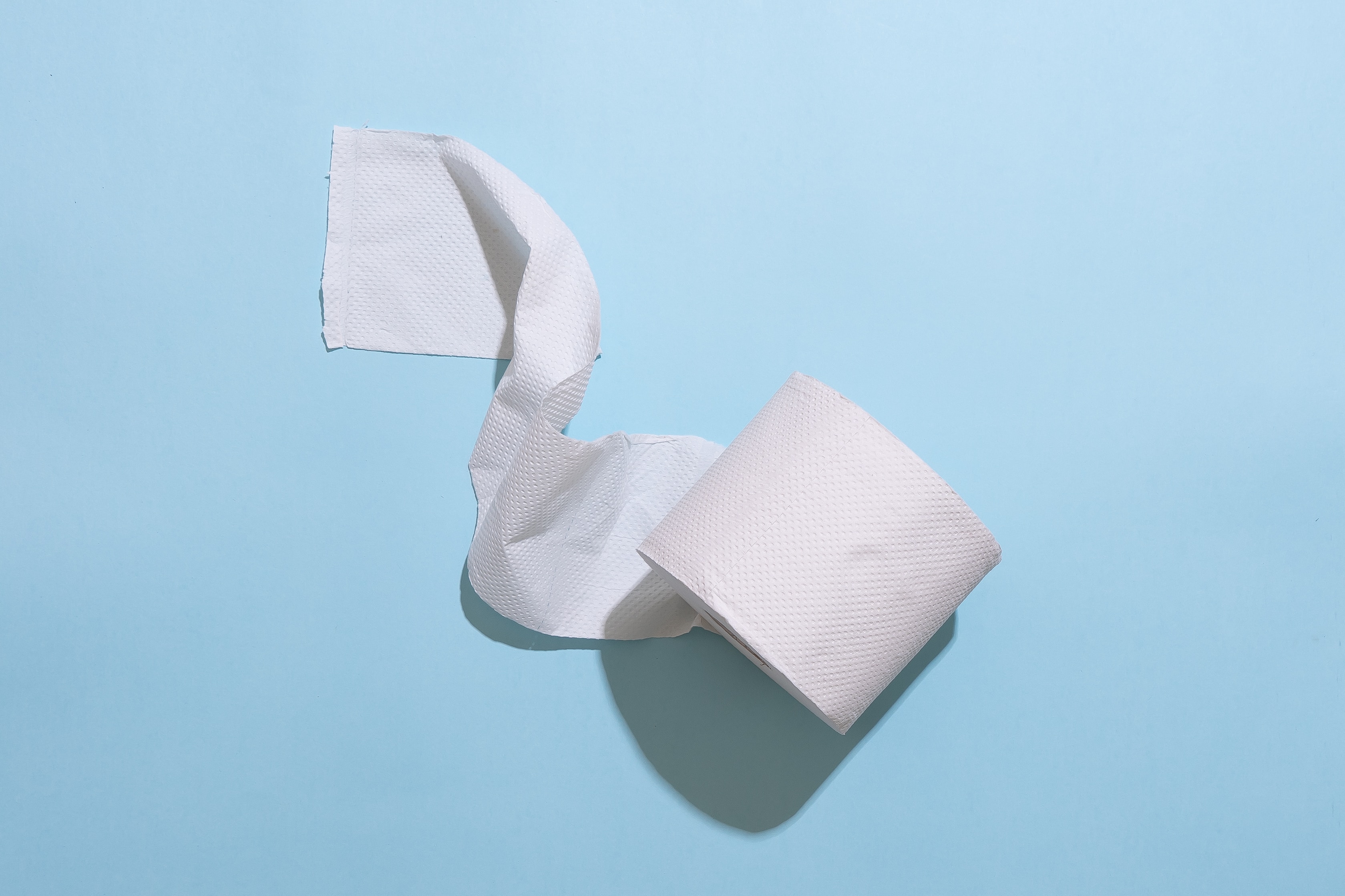 A solitary toilet roll, paper unspooling on a pale blue background