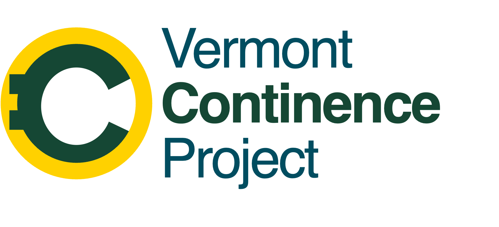 A large green letter C is enclosed in a thick yellow circle on the left. The "C" is designed to remind the viewer of a toilet seat. To the right, the words "Vermont Continence Project" appear in dark green and blue text.