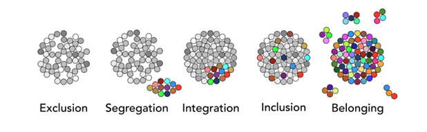 illustration of the five stages of belonging: exclusion, segregation, integration, inclusion, and belonging.