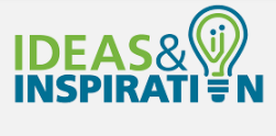 Text: Ideas and Inspiration. (The o of inspiration is a lightbulb illustration)