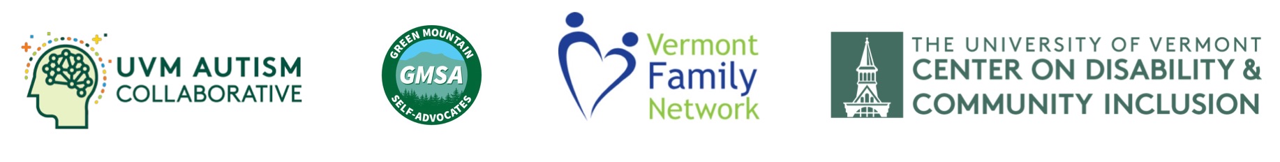 Four logos: UVM Autism Collaborative, GMSA, VFN, UVM Center on Disability and Community Inclusion.