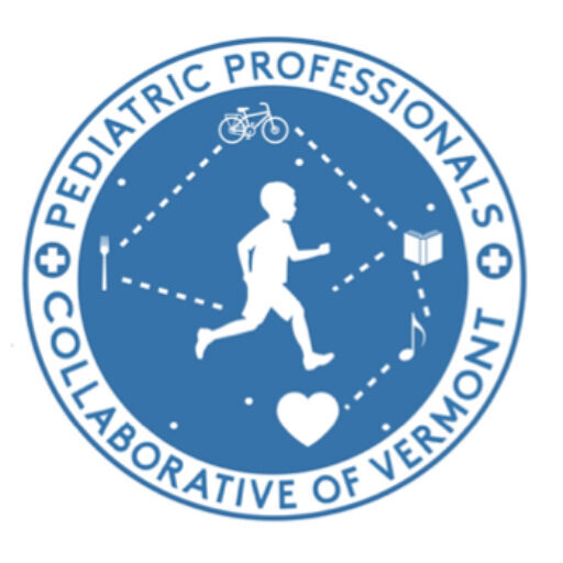 PedsProVT logo: a small child in a constellation of service icons: fork, bike, book, heart.