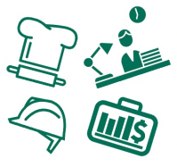 Supported Employment logo: chef hat, desk, hard hat, briefcase