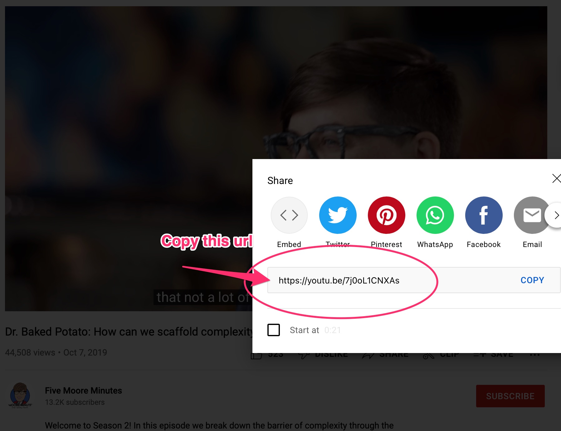 A screenshot of the dialog box you get when you click Share on a YouTube video. The short url is circled with text COPY THIS BIT