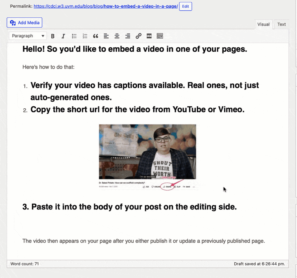 a gif of copy and pasting a video into a post