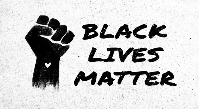 Drawing of a Black power fist. Text: Black Lives Matter