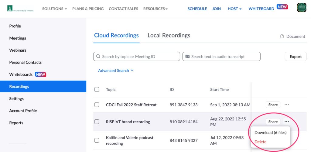 Screenshot showing where to download files from the Zoom platform