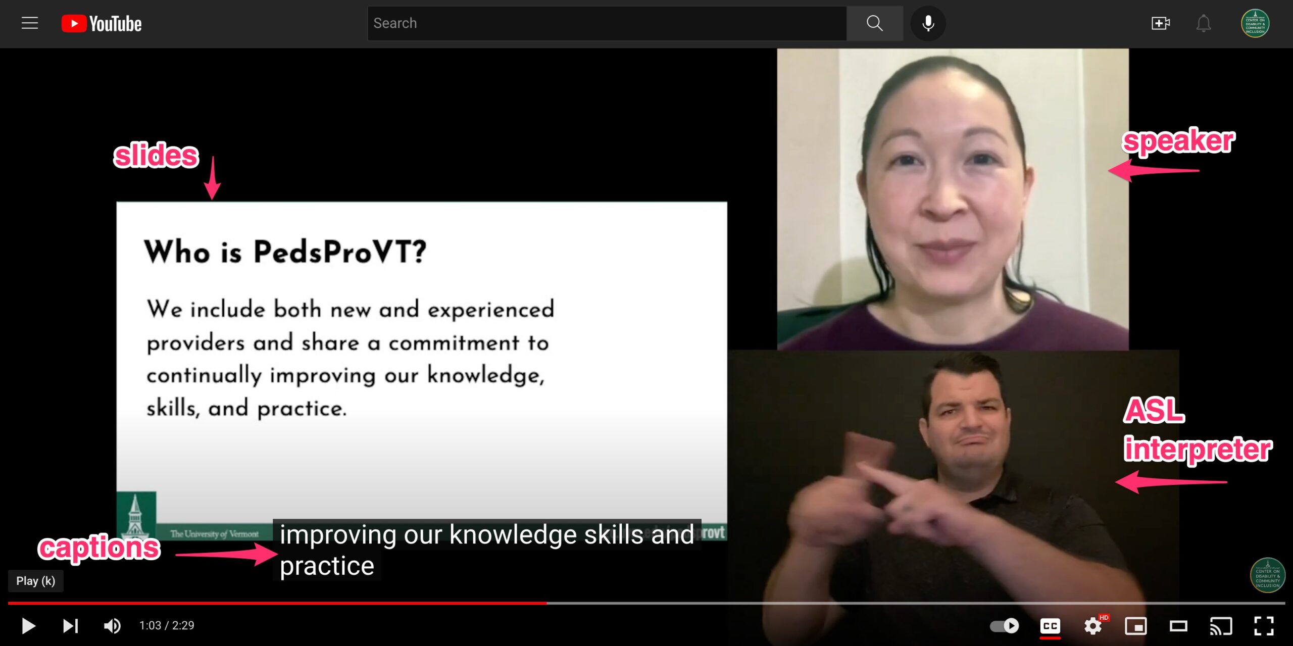 Screenshot of a video with slide content to the left, a speaker to the top right, and an ASL interpreter bottom right.