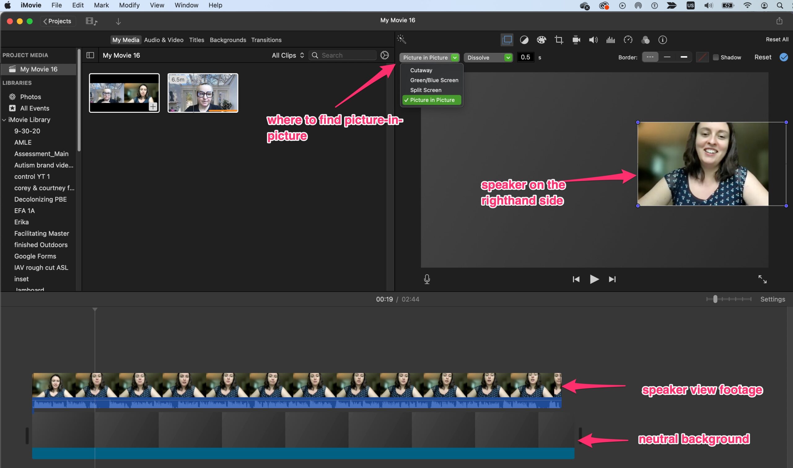 Screenshot of the iMovie editing screen, showing picture-in-picture settings