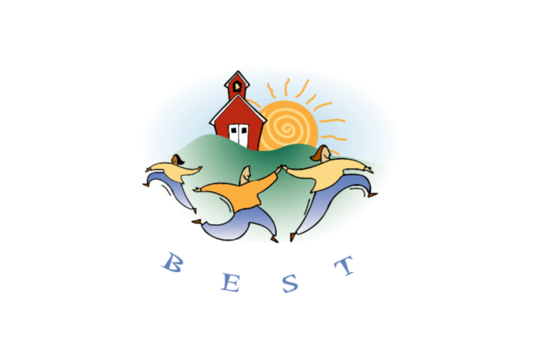 BEST logo: a trio of cartoon figures dance around a red schoolhouse on green rolling hills, orange sun heavy in the sky behind