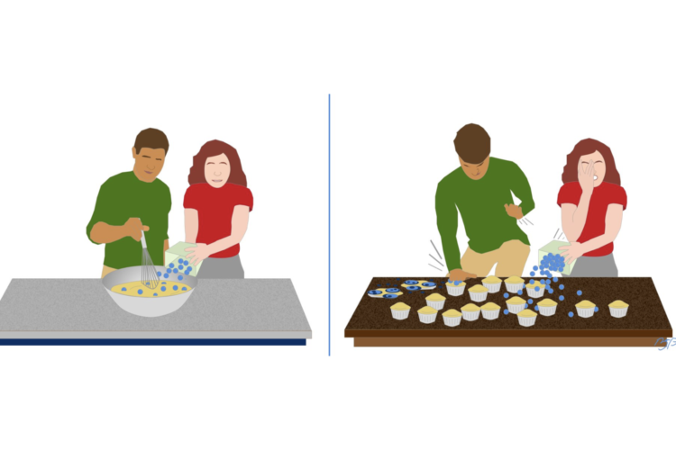 Two panels. On the left, two people bake blueberry muffins, pouring blueberries into the batter as they stir. On the right, the muffins are out of the oven with no blueberries, and the two people attempt to mash blueberries into them, crying, while the muffins explode.