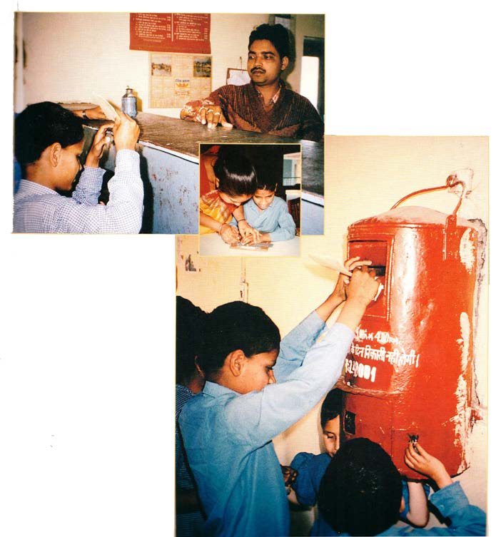 Figure 15b: This set of photos shows a boy participating in the whole process of mailing a
postcard. First, he is buying postcards from a man at a counter. Next, he is sitting at a table,
Brailling the postcards with an adult. Last, he is standing with two other children, reaching
his arms up to place the mail in the slot of a large red mailbox.