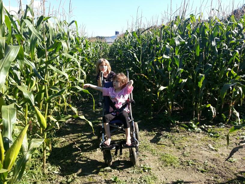 Figure 9a. Two sisters are in a cornfield. The younger sister is pushing her older sister’s
wheelchair close to the corn stalks so she can have a meaningful experience. The older
sister reaches out her right arm to feel a stalk. Perhaps she learns that they are “tall”
and “dry” and that corn grows up from the ground.