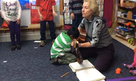 Figure 9c. A young boy participates in the classroom “song of the day.” He positions
his body close to the teacher and the guitar in the middle of the circle. He reaches out
for the teacher’s hands as she strums the guitar and sings with the class. He also
places his head on the guitar in order to feel the vibration as she plays. The teacher
always positions herself in the same location in the circle for the song of the day. He
often moves his body close to her so he can participate. The possible concepts being
developed are “People make music with instruments. Songs have a rhythm. Other
people are interested in music, too. I can join in when I want.”