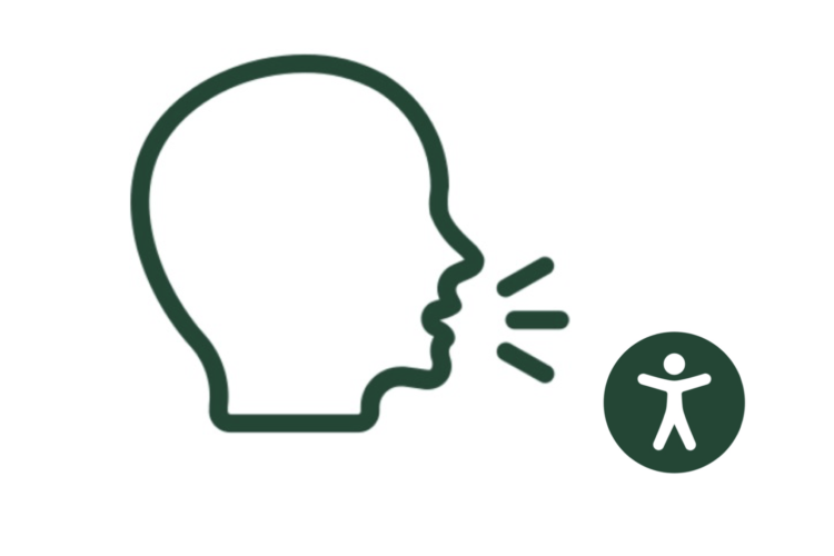 Icon of a speaking head with international accessibility sign