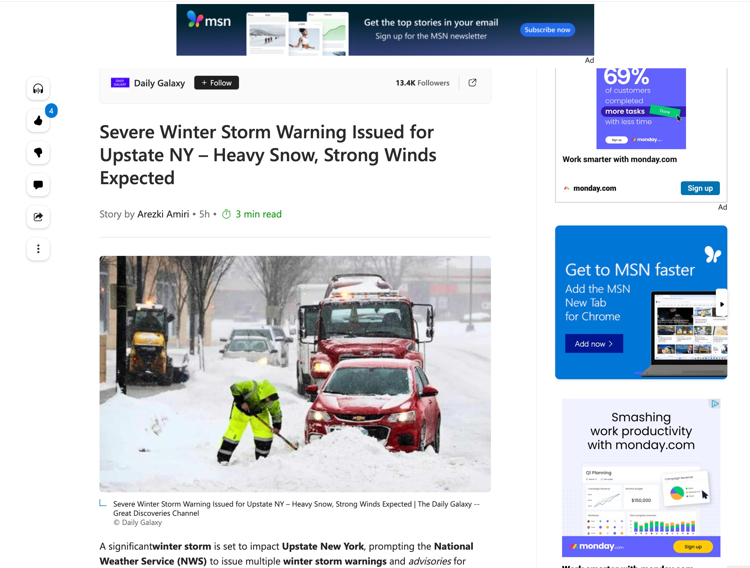 Screenshot of an MSN.com news story about a winter storm