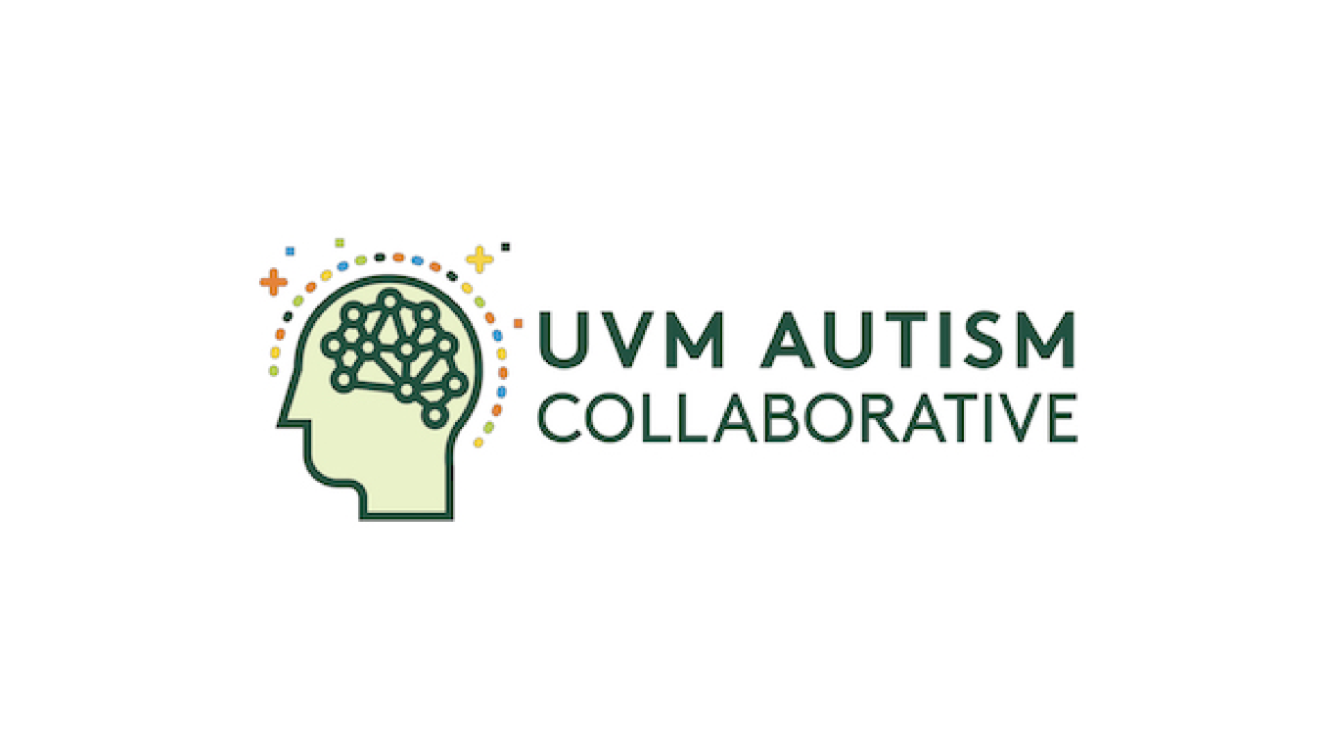 UVM Autism Collaborative logo: an icon of a head filled with a complex network, and surrounded by colored dots and plus signs