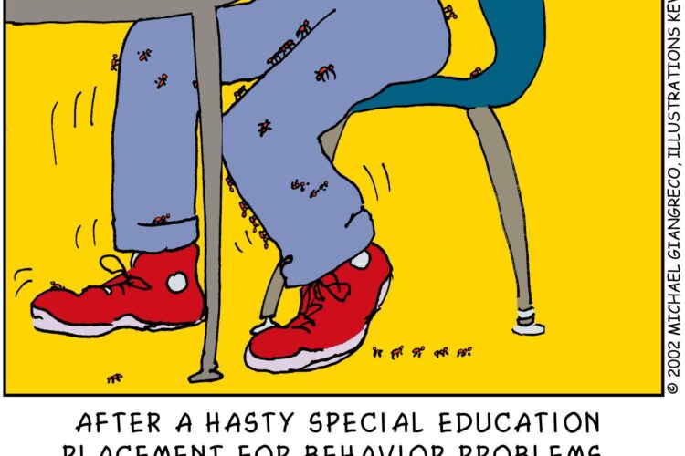 This cartoon shows a boy sitting in chair and desk; the image shows him from just above the waist down. He is squirming and there are crawling on the ground near his feet, up his legs, and near his belt. The tag line under the cartoon reads, "After a hasty special education placement for behavior problems, school official were embarrassed to learn that Marty really did have ants in his pants."
