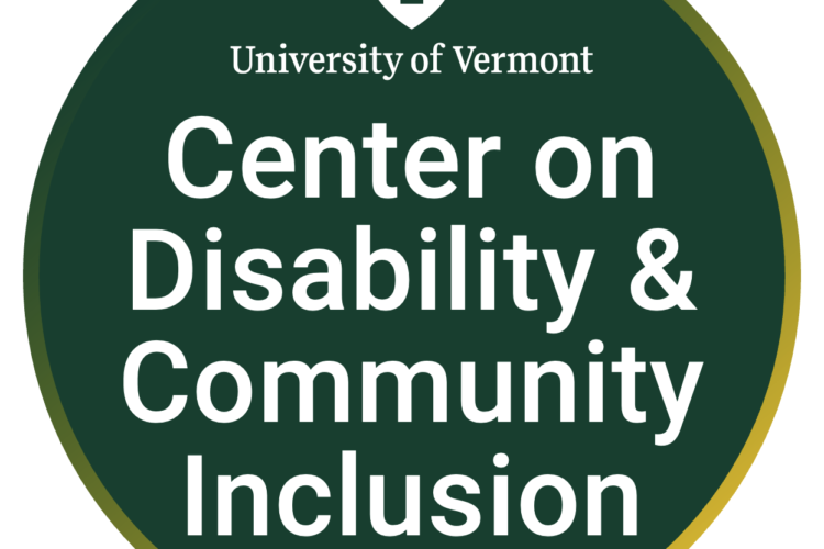 Dark green circle with a white shield and V at the top with large letters reading Center on Disability & Community Inclusion