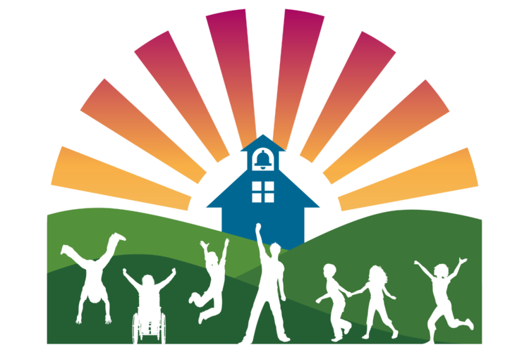 BEST logo with blue schoolhouse on a green hill and children playing